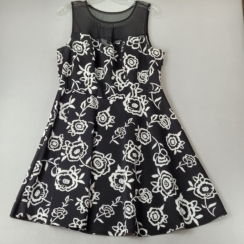 Trixxi Fit & Flare Dress Floral Black White Mesh Yoke Sleeveless 2X